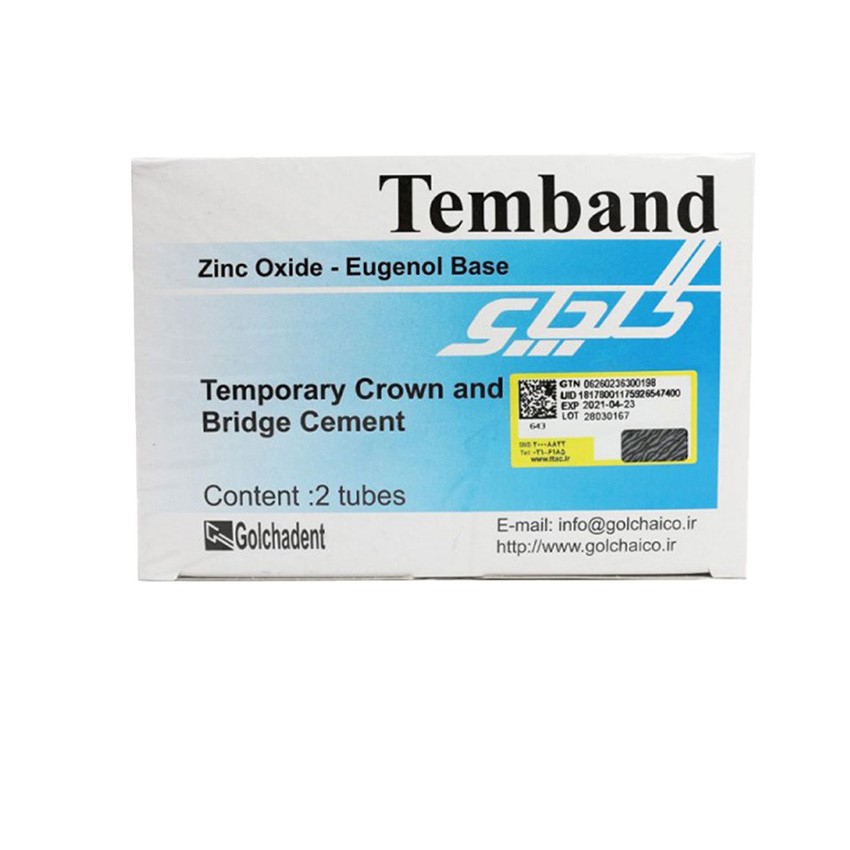 چسب موقت تمپو باند گلچای – Tempo Bond Golchay – قوطی پودری و محلول مایع در بسته‌بندی سفید/سبز، تولید ایران، مخصوص روکش موقت با نوشته Golchay، روی زمینه سفید | panamal.ir