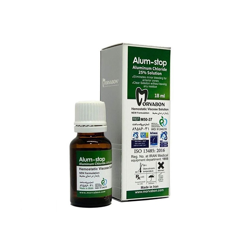 مایع خونبند مروابن ۱۸ میل | Marvabon Hemostatic Solution 18ml | بطری شفاف با برچسب آبی-سفید Morvabon و قطره‌چکان مخصوص کنترل خونریزی لثه