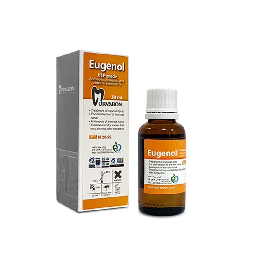 محلول اوژنول مروابن | Marvabon Eugenol Solution | بطری شفاف حاوی مایع زرد کم‌رنگ با برچسب Morvabon مخصوص سمان موقت دندانپزشکی