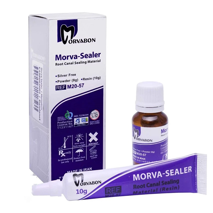 اندوسیلر رزینی مروابن | Marvabon Resin Based Root Canal Sealer | سرنگ/ویال خمیری سفید با برچسب آبی Marvabon و دو جزء مصرفی | آب‌بندی دائم روت کانال دندانپزشکی | panamal.ir