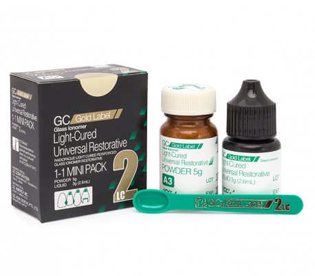 GC Fuji II LC Light Cure Restorative Glass Ionomer – ست پودر و مایع اصل ژاپنی، عکس کنار همدیگر با رنگ‌بندی و لیبل GC | panamal.ir